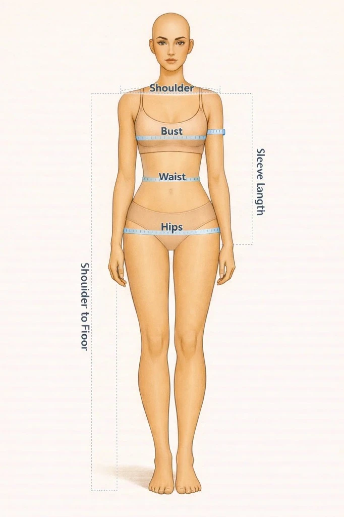 Body measurement guide figure — Shoulder, Bust, Waist, Hips, Sleeve Length, Shoulder to Floor